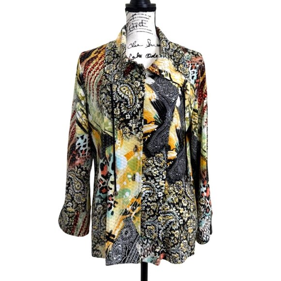 IC Collection Womens Button Up Top Jacket Abstract Print Art Shiny Retro Size M - Picture 1 of 7
